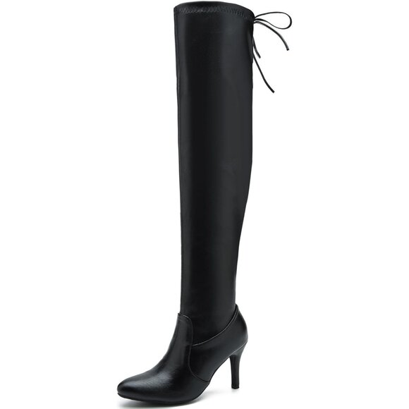 Women Black Polyurethane Pointed Toe Over The Knee Thigh High Stiletto Heel Boot - Picture 1 of 7